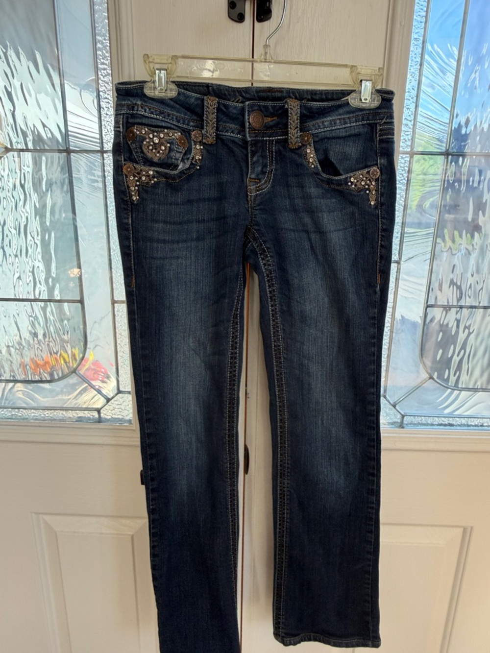 Grace in LA Dark Blue Boot Cut Jeans with Studded Pocket Accents